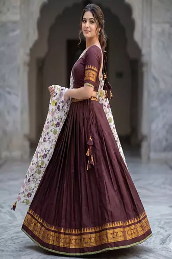 Brown Lehenga Choli Set with Floral Printed Dupatta and Contrast Zari Border Set
