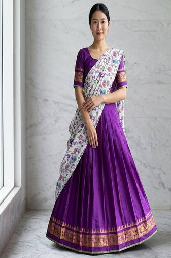 Purple Lehenga Choli Set with Floral Printed Dupatta and Contrast Zari Border Set