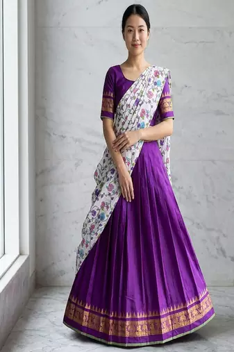 Purple Lehenga Choli Set with Floral Printed Dupatta and Contrast Zari Border Set