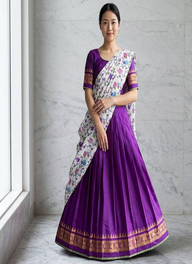 Purple Lehenga Choli Set with Floral Printed Dupatta and Contrast Zari Border Set