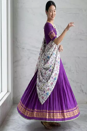 Purple Lehenga Choli Set with Floral Printed Dupatta and Contrast Zari Border Set
