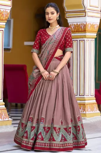 brown art silk printed lehenga choli