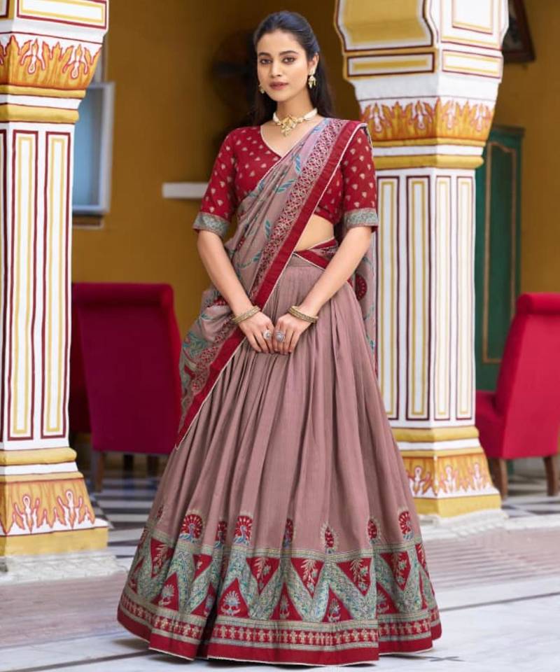 brown art silk printed lehenga choli