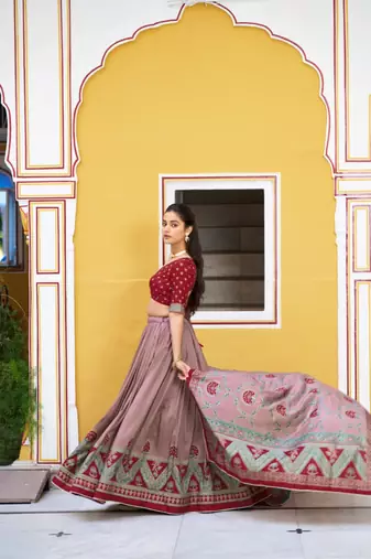 brown art silk printed lehenga choli