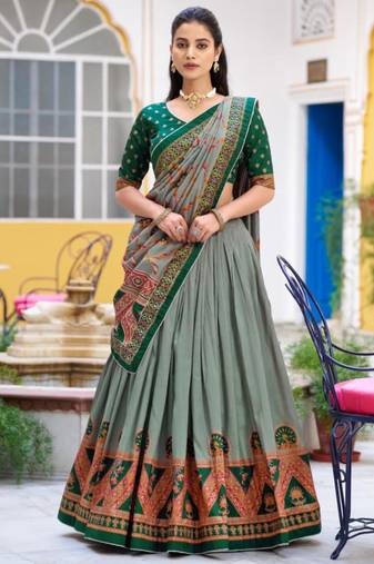 green art silk printed lehenga choli