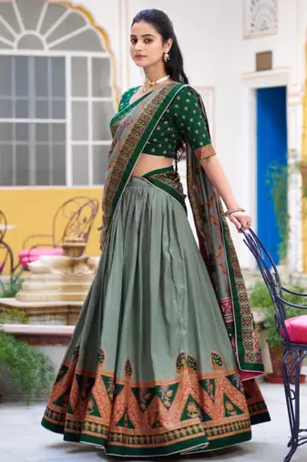 green art silk printed lehenga choli