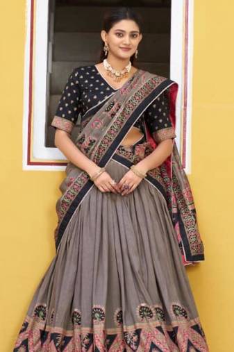 brown art silk printed lehenga choli