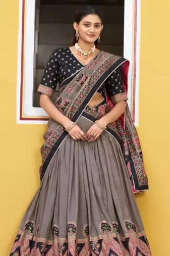 brown art silk printed lehenga choli