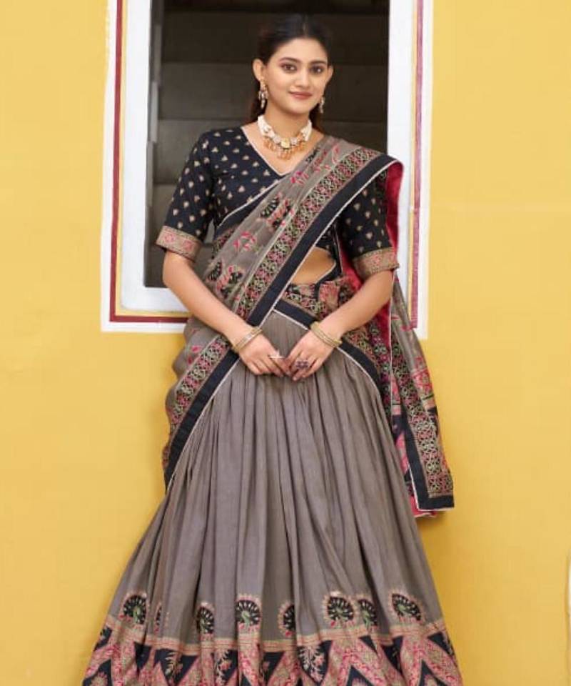 brown art silk printed lehenga choli