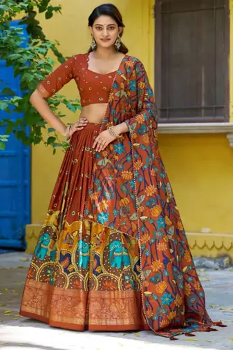 Brown art silk printed lehenga choli