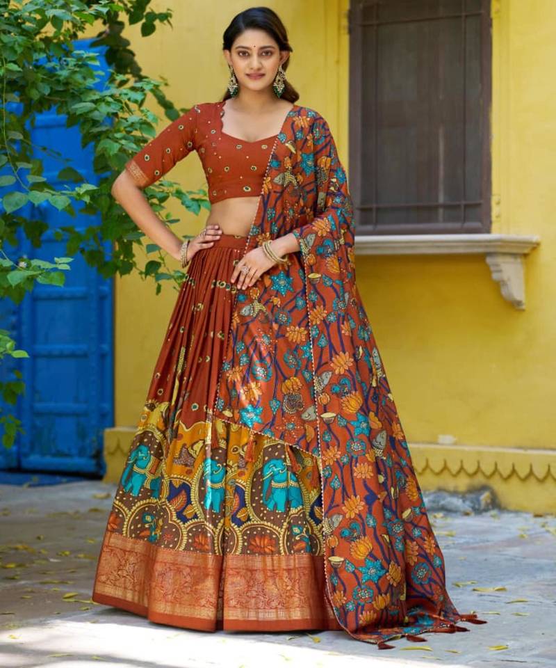 Brown art silk printed lehenga choli