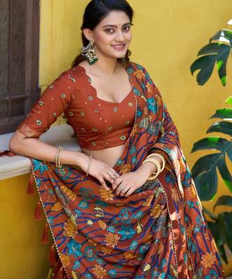 Brown art silk printed lehenga choli 2