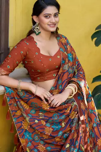 Brown art silk printed lehenga choli