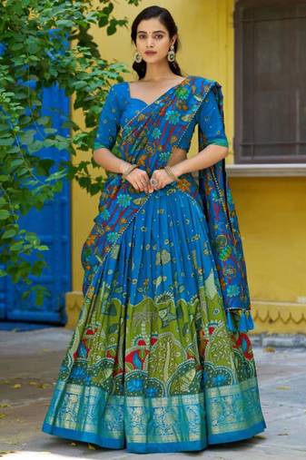 blue art silk printed lehenga choli