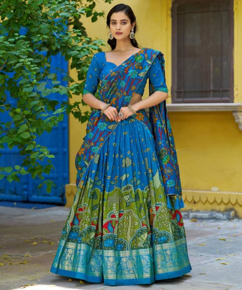 blue art silk printed lehenga choli