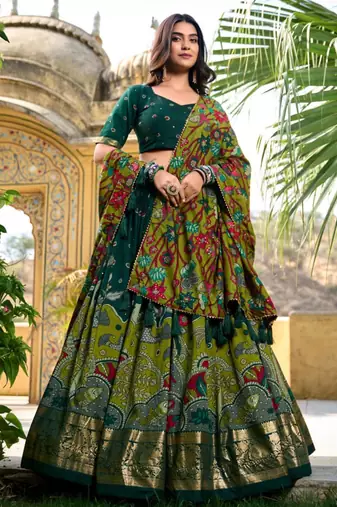 green art silk printed lehenga choli