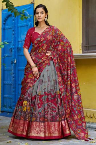 red art silk printed lehenga choli