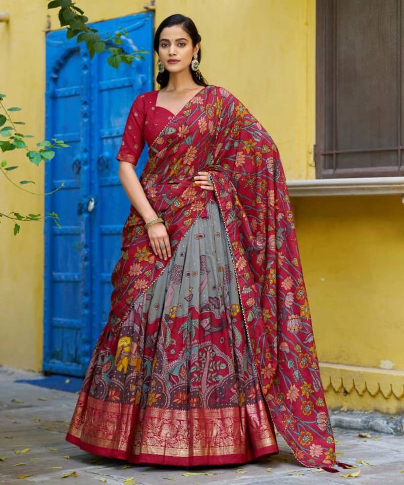 red art silk printed lehenga choli