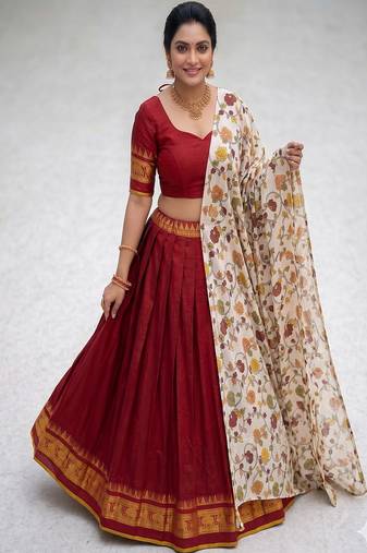 Red Lehenga Choli Set with Floral Printed Dupatta and Contrast Zari Border Set