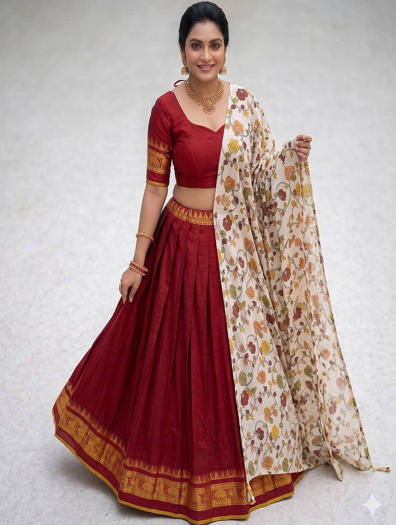 Red Lehenga Choli Set with Floral Printed Dupatta and Contrast Zari Border Set