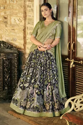 olive art silk printed lehenga choli