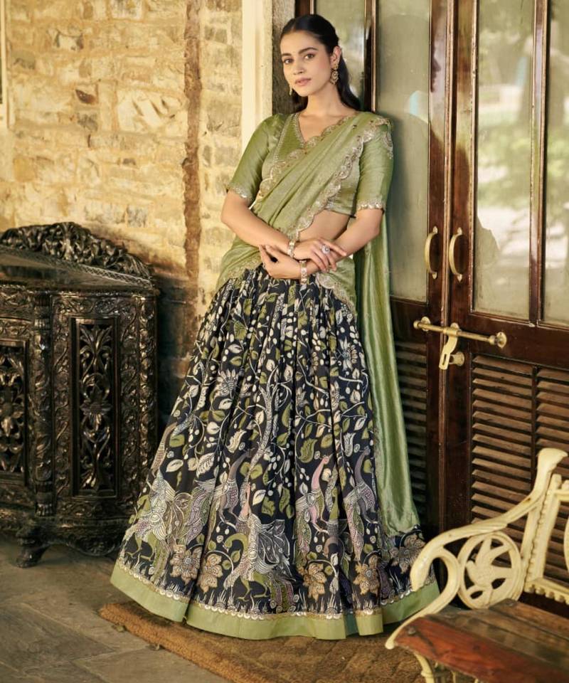 olive art silk printed lehenga choli