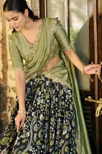 olive art silk printed lehenga choli