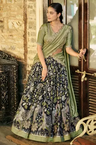olive art silk printed lehenga choli