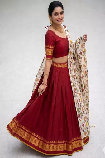 Red Lehenga Choli Set with Floral Printed Dupatta and Contrast Zari Border Set
