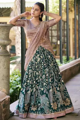 green art silk printed lehenga choli