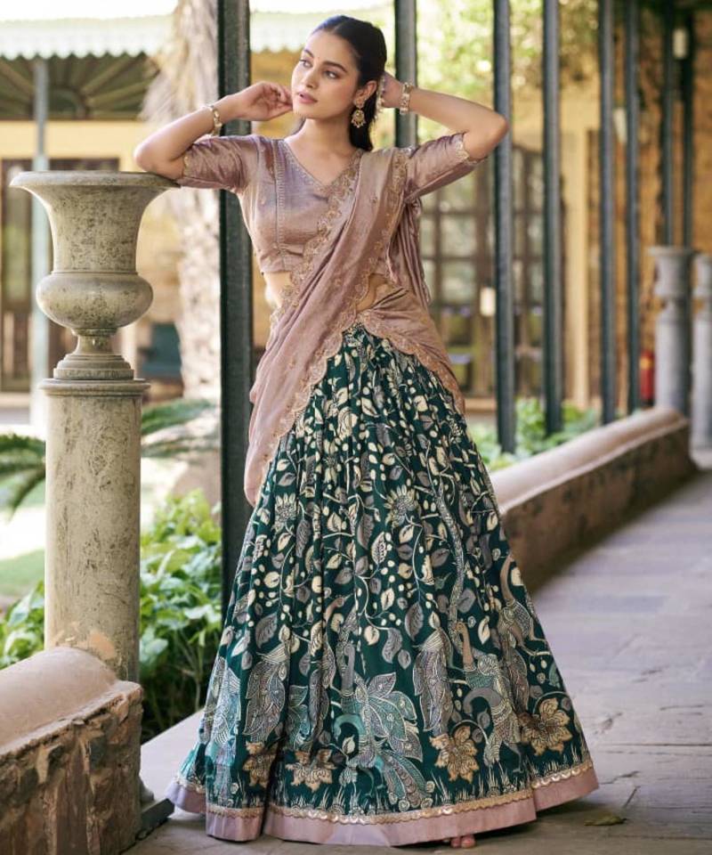 green art silk printed lehenga choli
