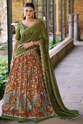 orange art silk printed lehenga choli