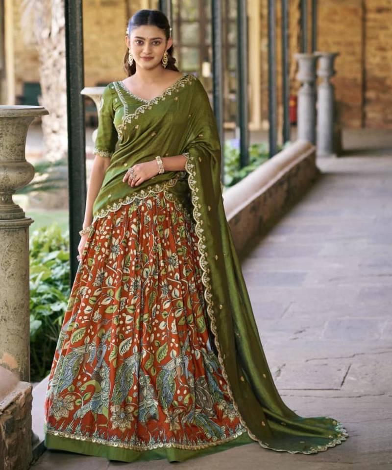 orange art silk printed lehenga choli