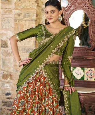 orange art silk printed lehenga choli 2