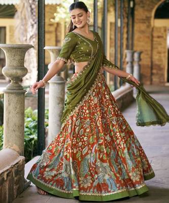 orange art silk printed lehenga choli 3