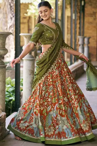 orange art silk printed lehenga choli