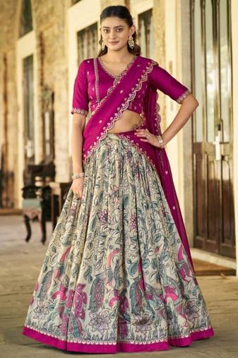 cream art silk printed lehenga choli