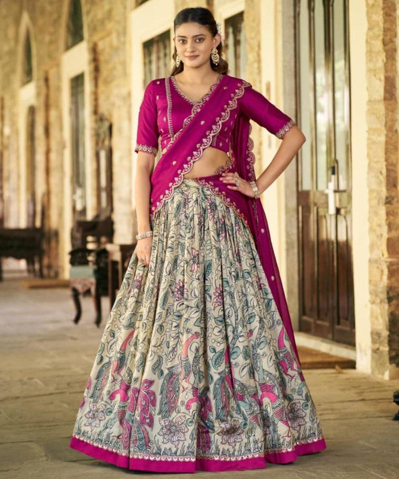 cream art silk printed lehenga choli