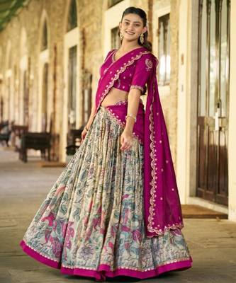 cream art silk printed lehenga choli 2