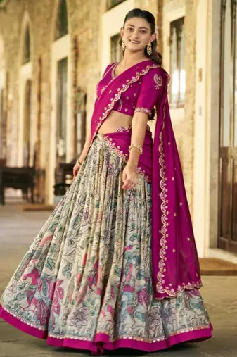 cream art silk printed lehenga choli