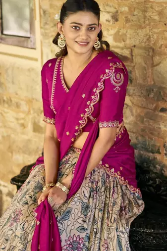 cream art silk printed lehenga choli
