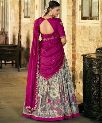 cream art silk printed lehenga choli 4