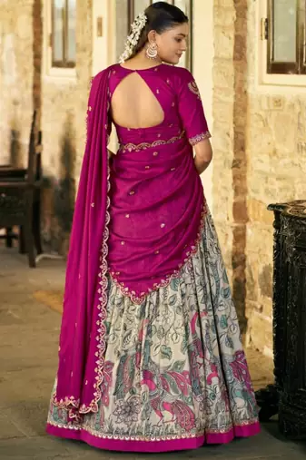 cream art silk printed lehenga choli