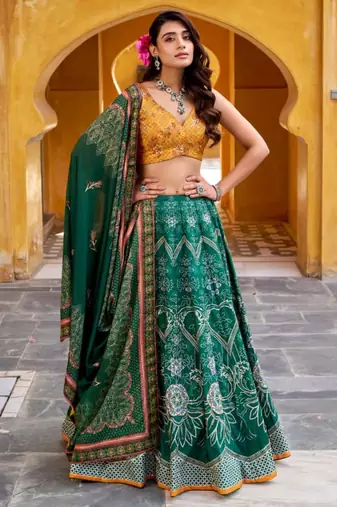 green art silk printed lehenga choli