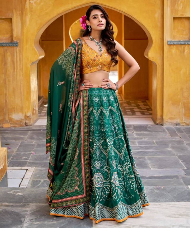 green art silk printed lehenga choli