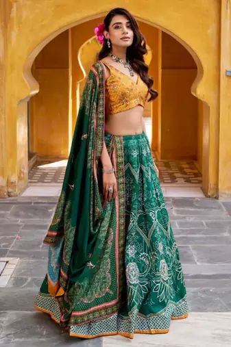 green art silk printed lehenga choli
