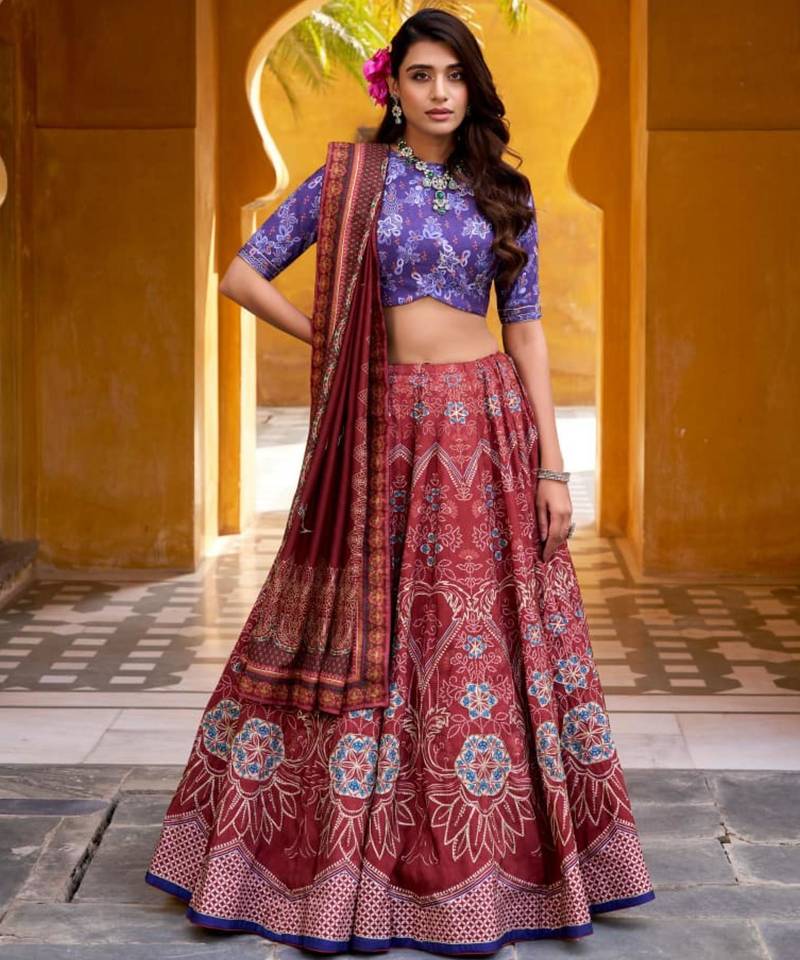 maroon art silk printed lehenga choli