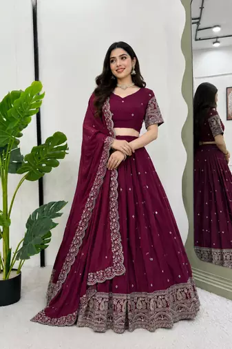 wine silk blend embroidered lehenga choli