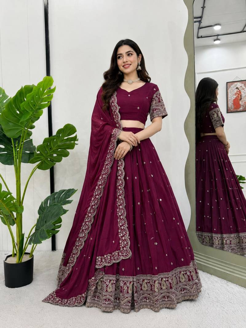 wine silk blend embroidered lehenga choli