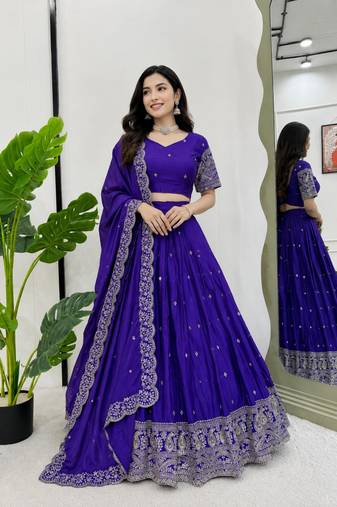 blue silk blend embroidered lehenga choli
